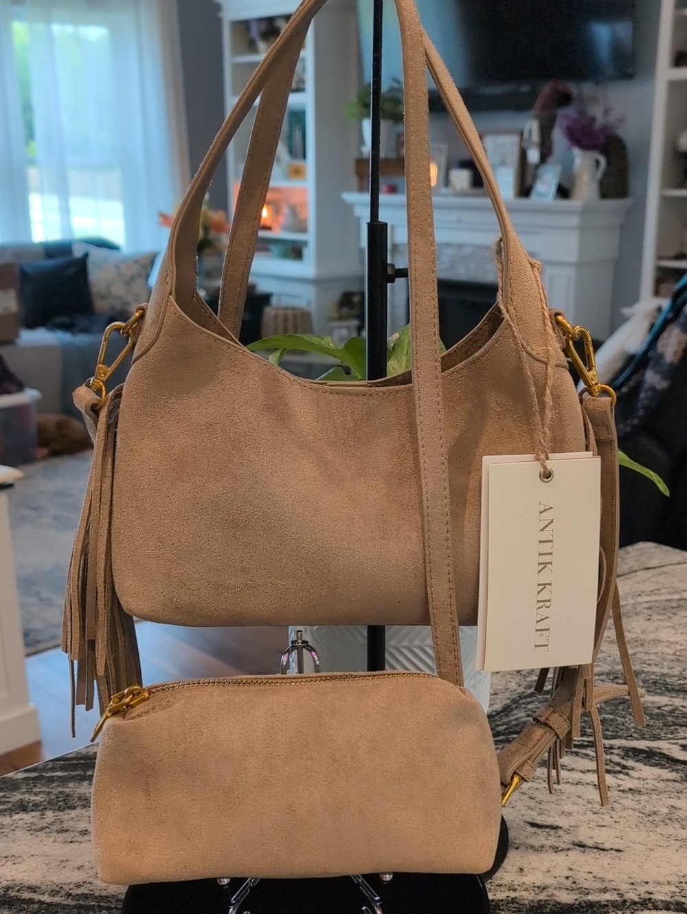 Antik Kraft Suede Hobo Shoulder Crossbody Bag With Matching Cosmetic Pouch
